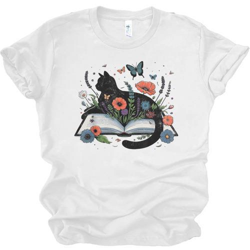 Retro Cute Cat Floral Book Librarian Vintage Floral Cat Book Unisex Jersey T-Shirt - Bookorys DE