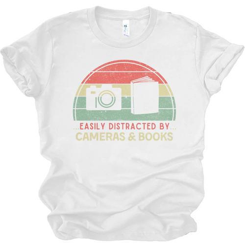Retro Easily Distracted By Cameras & Books Photography Unisex Jersey T-Shirt - Bookorys AU