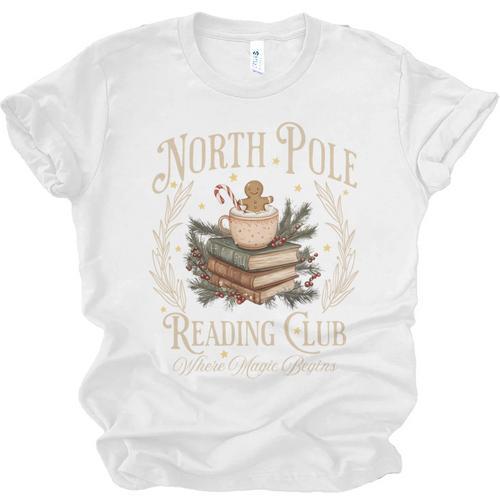 Retro North Pole Reading Club Hot Cocoa Book Lovers Xmas Unisex Jersey T-Shirt - Bookorys