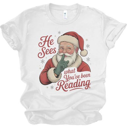 He Sees What You'Ve Been Reading Bookish Christmas Humor Unisex Jersey T-Shirt - Bookorys DE