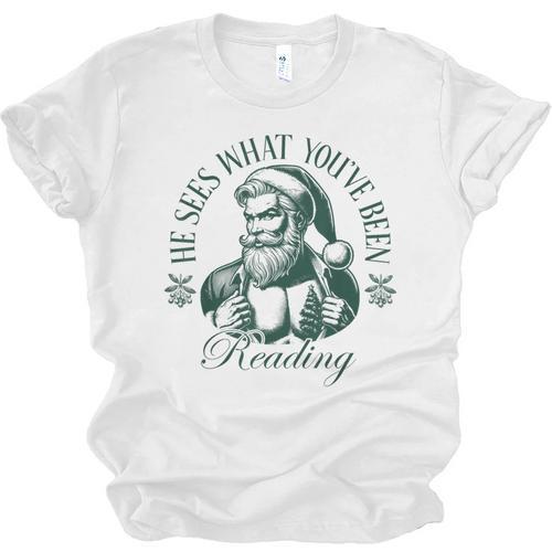 He Sees What You'Ve Been Reading Bookish Christmas Unisex Jersey T-Shirt - Bookorys DE