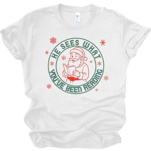 He Sees What You'Ve Been Reading Christmas Book Lover Shirt Unisex Jersey T-Shirt - Bookorys AU
