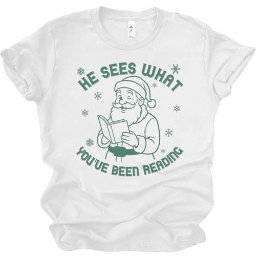 He Sees What You'Ve Been Reading Christmas Bookish Santa Premium Tri-Blend Unisex Jersey T-Shirt - Bookorys DE