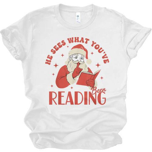 He Sees What You'Ve Been Reading Santa Book Unisex Jersey T-Shirt - Bookorys DE