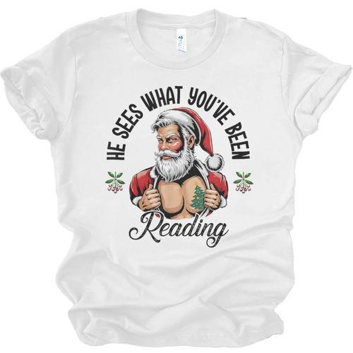 He Sees What You'Ve Been Reading Santa Xmas Book Lover Unisex Jersey T-Shirt - Bookorys DE