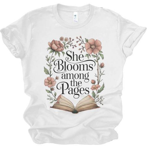 She Blooms Among The Pages Women Mom Wife Floral Book Lover Premium Tri-Blend Unisex Jersey T-Shirt - Bookorys DE