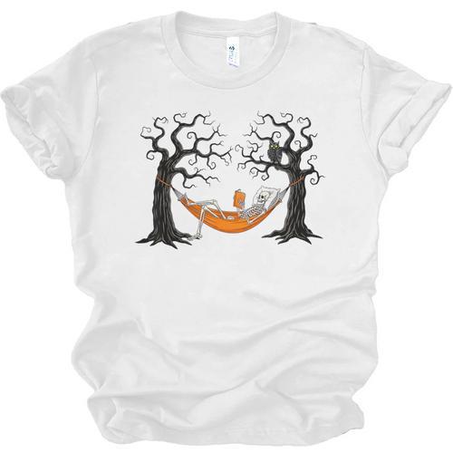 Skeleton Reading Book In Hammock Halloween Reader Unisex Jersey T-Shirt - Bookorys
