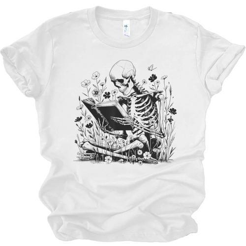 Skeleton Skull Halloween Book Reading Books Lover Teacher Unisex Jersey T-Shirt - Bookorys UK