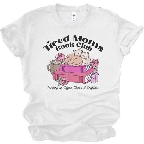 Tired Moms Book Club Running On Coffee Chaos And Chapter Cat Unisex Jersey T-Shirt - Bookorys UK