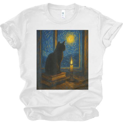 Van Gogh Starry Night Art Cat And Book Lovers Unisex Jersey T-Shirt - Bookorys