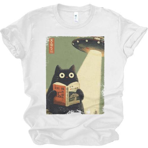 Vintage Japanese Cat Book Lovers UFO Alien Abduction Cat Dad Unisex Jersey T-Shirt - Bookorys