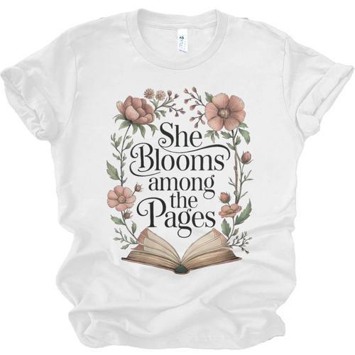 Women's She Blooms Among The Pages Women Mom Wife Floral Book Lover Unisex Jersey T-Shirt - Bookorys