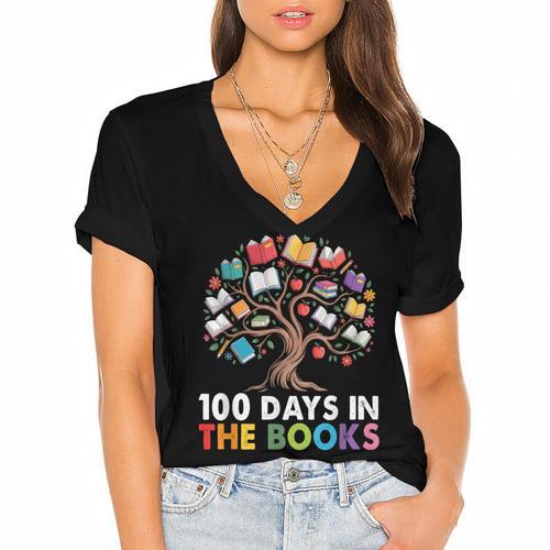 100 Days In The Books Reading Teachers Librarians School Women's Jersey Short Sleeve Deep V-Neck Tshirt				 - Bookorys CA