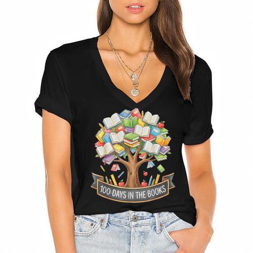 100 Days Of School In The Books Librarian Reading Teacher Women's Jersey Short Sleeve Deep V-Neck Tshirt				 - Bookorys UK