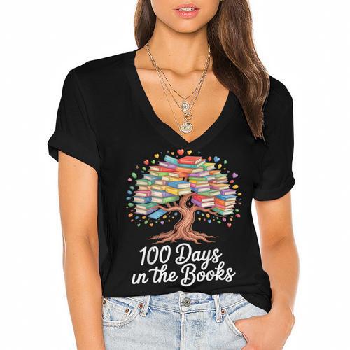 100th Day Of School Books Tree Reading Women's Jersey Short Sleeve Deep V-Neck Tshirt				 - Bookorys AU