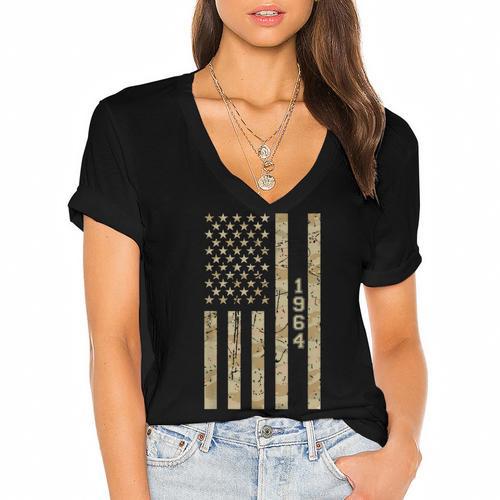 1964 Year Nostalgia Desert Camo Distressed American Flag Women's Jersey Short Sleeve Deep V-Neck Tshirt				 - Figerry