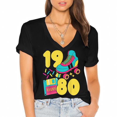 1980 Retro Raised In The 80s Old School Nostalgia Vibes Women's Jersey Short Sleeve Deep V-Neck Tshirt				 - Figerry