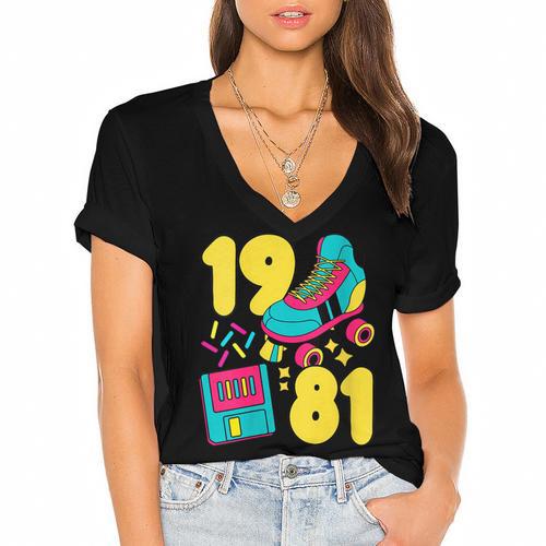 1981 Retro Raised In The 80s Old School Nostalgia Vibes Women's Jersey Short Sleeve Deep V-Neck Tshirt - Figerry