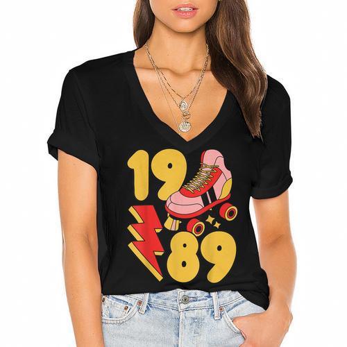 1989 Retro Roller Skate Vintage 80s Nostalgia Collector Women's Jersey Short Sleeve Deep V-Neck Tshirt				 - Figerry