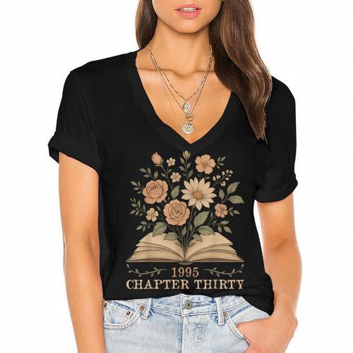 1995 Chapter Thirty Birthday Wildflower Book 30 Year Old Women's Jersey Short Sleeve Deep V-Neck Tshirt				 - Bookorys