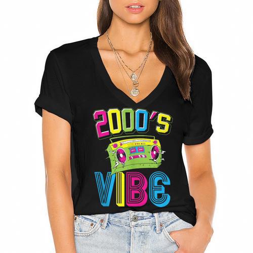 2000's Vibe Hip Hop Costume Early 2000s Party Nostalgia Women's Jersey Short Sleeve Deep V-Neck Tshirt - Figerry
