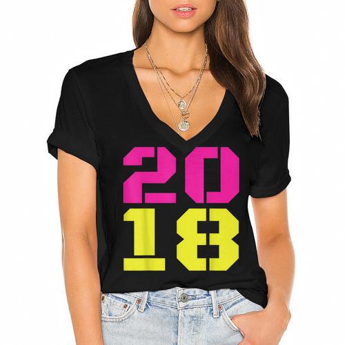 2018 Big Neon Numbers For The New Year Or Graduation Women's Jersey Short Sleeve Deep V-Neck Tshirt				 - Best Gift Smart