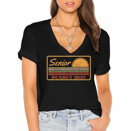 2025 Graduation Highschool Senior Sunset Women's Jersey Short Sleeve Deep V-Neck Tshirt - Best Gift Smart