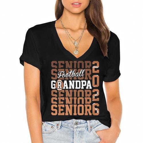 2026 Football Senior Grandpa Graduation Matching Family Women's Jersey Short Sleeve Deep V-Neck Tshirt				 - Best Gift Smart