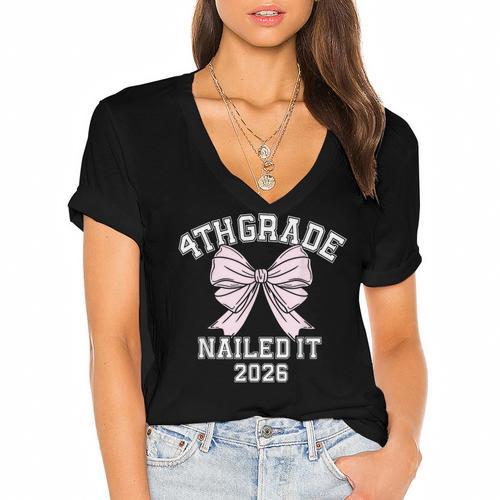 4th Grade Bow 2026 Fourth Grade Graduation Women's Jersey Short Sleeve Deep V-Neck Tshirt				 - Best Gift Smart
