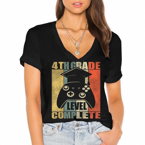 4th Grade Level Complete Gamer Class Of 2023 Graduation Women's Jersey Short Sleeve Deep V-Neck Tshirt				 - Best Gift Smart