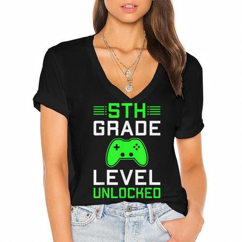 5th Grade Level Unlocked Back To School Gamer Graduation Women's Jersey Short Sleeve Deep V-Neck Tshirt				 - Best Gift Smart
