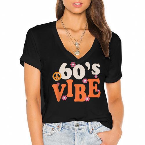 60's Vibe Retro Nostalgia Classic Mixtape Era 1960s Party Women's Jersey Short Sleeve Deep V-Neck Tshirt - Figerry