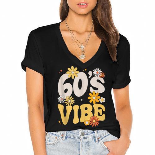 60's Vibe Vintage Nostalgia Mixtape Era 1960s Party Groovy Women's Jersey Short Sleeve Deep V-Neck Tshirt - Figerry