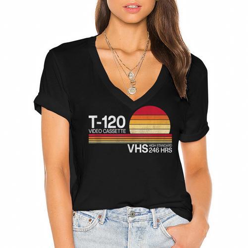 70's 80's 90's Music Nostalgia Video Cassette Tape VHS Retro Women's Jersey Short Sleeve Deep V-Neck Tshirt - Figerry
