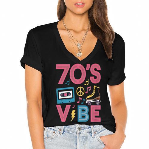 70s Retro Style Roller Skate Cassette Music Nostalgia Women's Jersey Short Sleeve Deep V-Neck Tshirt - Figerry