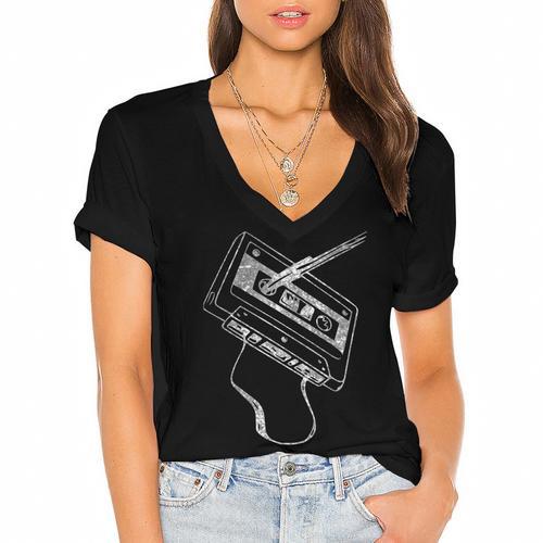 80s 90s Nostalgia Retro Cassette Tape Vintage Music Lovers Women's Jersey Short Sleeve Deep V-Neck Tshirt - Figerry