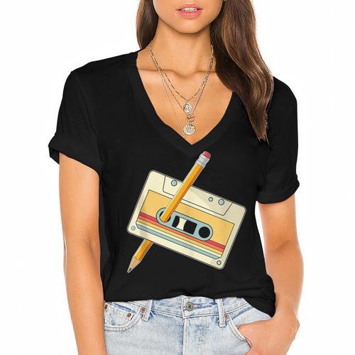 80's 90's Retro Music Party Costume Nostalgia Cassette Women's Jersey Short Sleeve Deep V-Neck Tshirt - Figerry