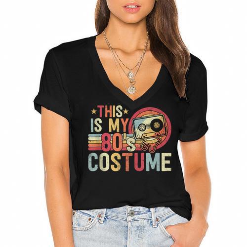 This Is My 80s Costume Vintage Style Nostalgia 1980s Retro Women's Jersey Short Sleeve Deep V-Neck Tshirt - Figerry
