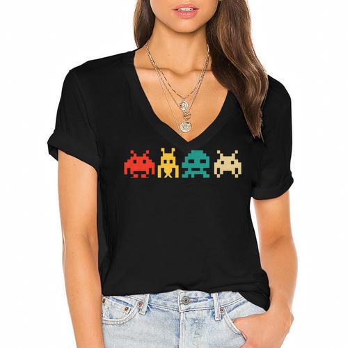 80s Video Game Nostalgia Retro Vintage Arcade Novelty Women's Jersey Short Sleeve Deep V-Neck Tshirt				 - Figerry