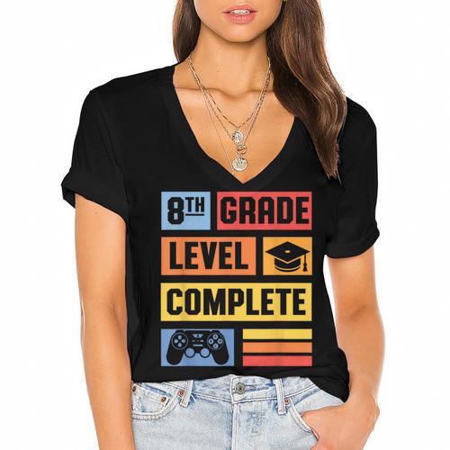 8th Grade Graduation Shirt 2024 Gamer Level Eighth Birthday Women's Jersey Short Sleeve Deep V-Neck Tshirt				 - Best Gift Smart