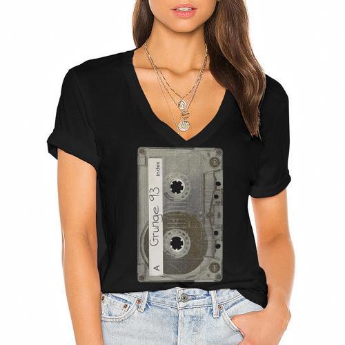 90s MUSIC NOSTALGIA GRAPHIC Women's Jersey Short Sleeve Deep V-Neck Tshirt - Figerry