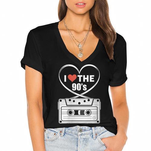 90s Nostalgia Cassette Heart Retro I Love The 90s Women's Jersey Short Sleeve Deep V-Neck Tshirt				 - Figerry