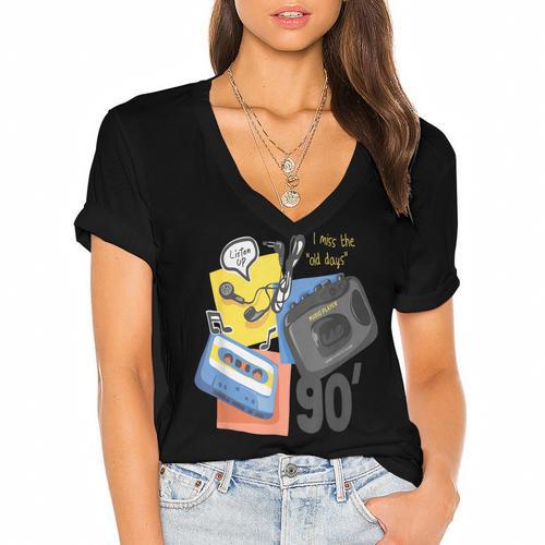90s Retro Cassette And Walkman Nostalgia Graphic Tee Women's Jersey Short Sleeve Deep V-Neck Tshirt				 - Figerry