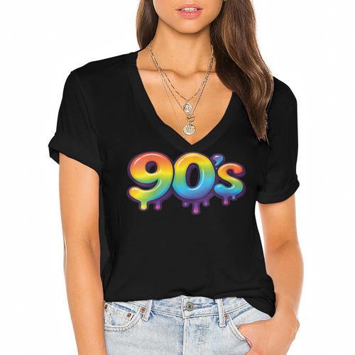90s Retro Pop Art Rainbow Lips Nostalgia Costume 90s Women's Jersey Short Sleeve Deep V-Neck Tshirt				 - Figerry
