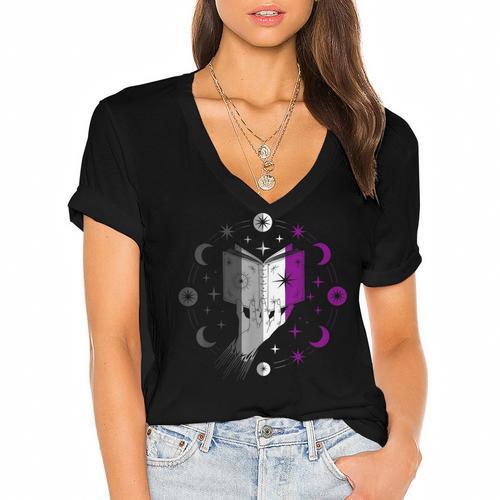 Ace Pride Book With Stars Moons And Magic Hand Women's Jersey Short Sleeve Deep V-Neck Tshirt - Bookorys