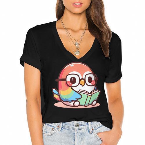 Adorable Book Lover Parrot With Reading Glasses Cute Women's Jersey Short Sleeve Deep V-Neck Tshirt				 - Bookorys