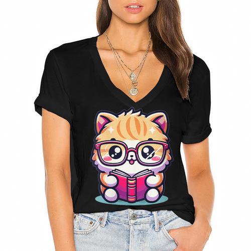 Adorable Book Lover Persian Cat With Reading Glasses Cute Women's Jersey Short Sleeve Deep V-Neck Tshirt				 - Bookorys AU