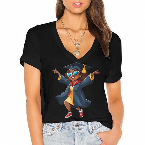 African American Woman Girl Graduation Class Women's Jersey Short Sleeve Deep V-Neck Tshirt - Best Gift Smart