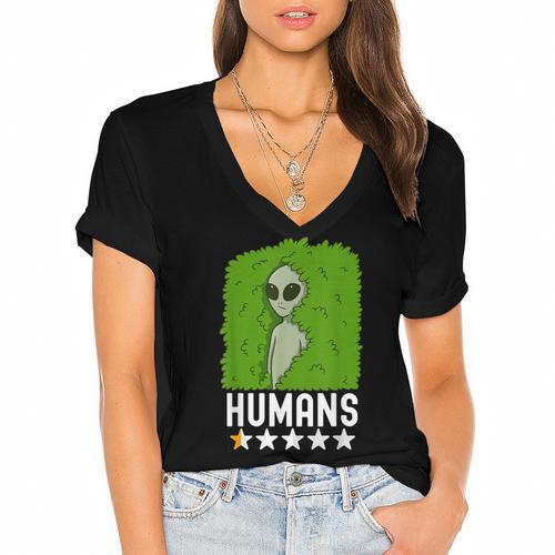 Alien Avoids Humans Sarcastic Introvert Humor Women's Jersey Short Sleeve Deep V-Neck Tshirt - Raresse