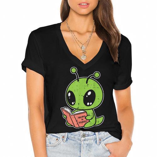 Alien Reading Book Believe In Yourself Kids Women Men Women's Jersey Short Sleeve Deep V-Neck Tshirt - Bookorys AU